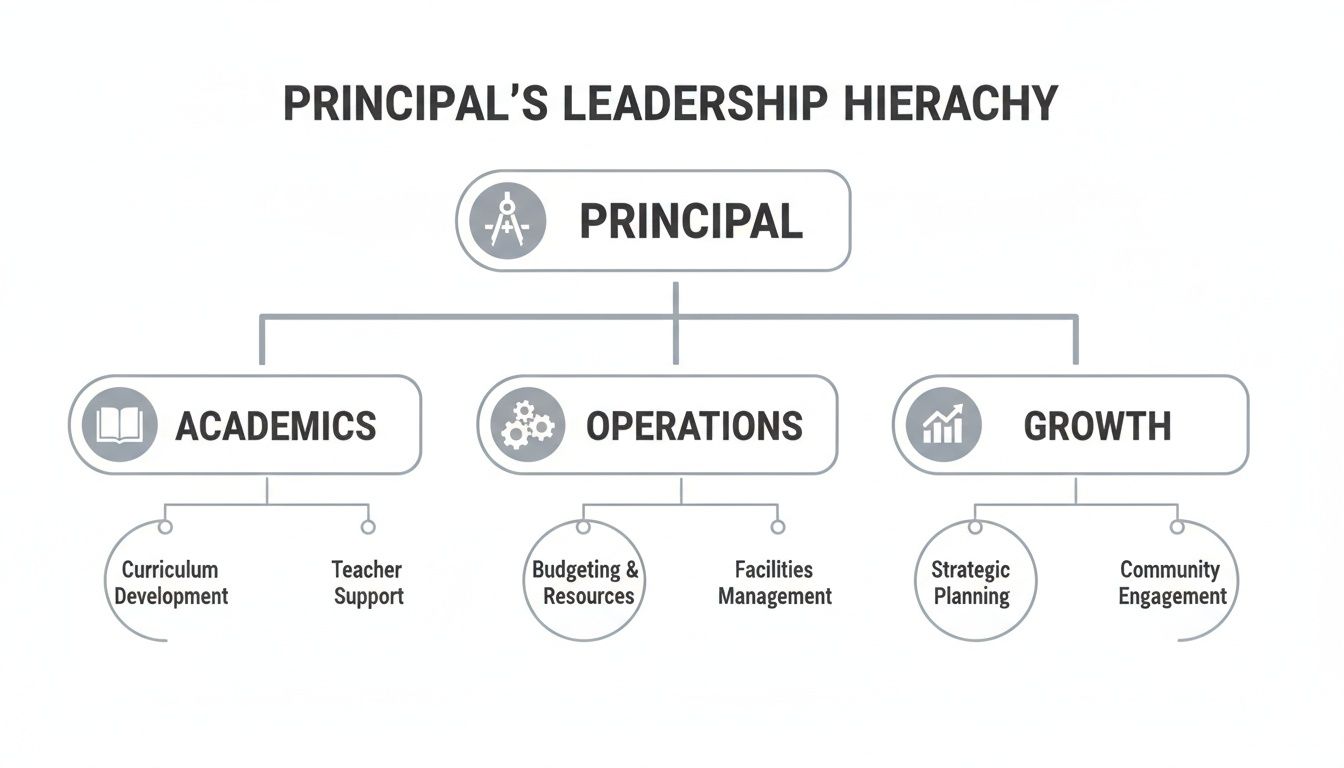 A principal's leadership hierarchy chart detailing responsibilities in academics, operations, and growth areas.