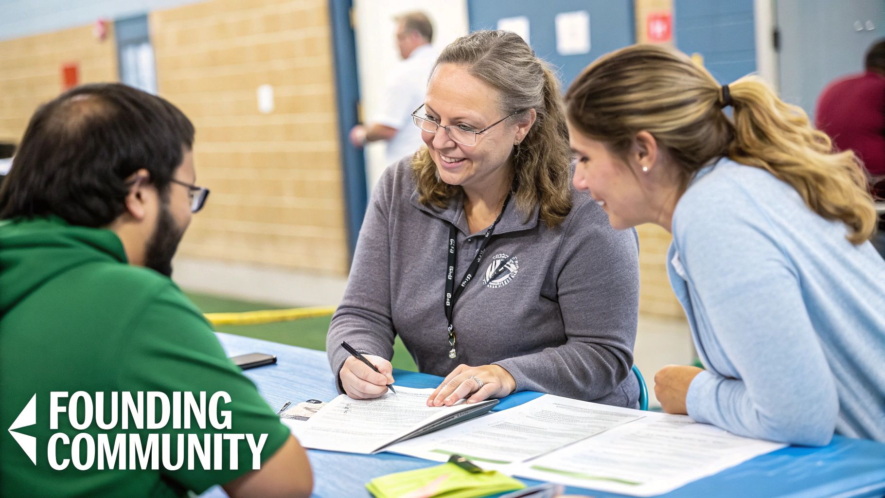 Three diverse people, two women and a man, smiling and signing documents at a community information table.