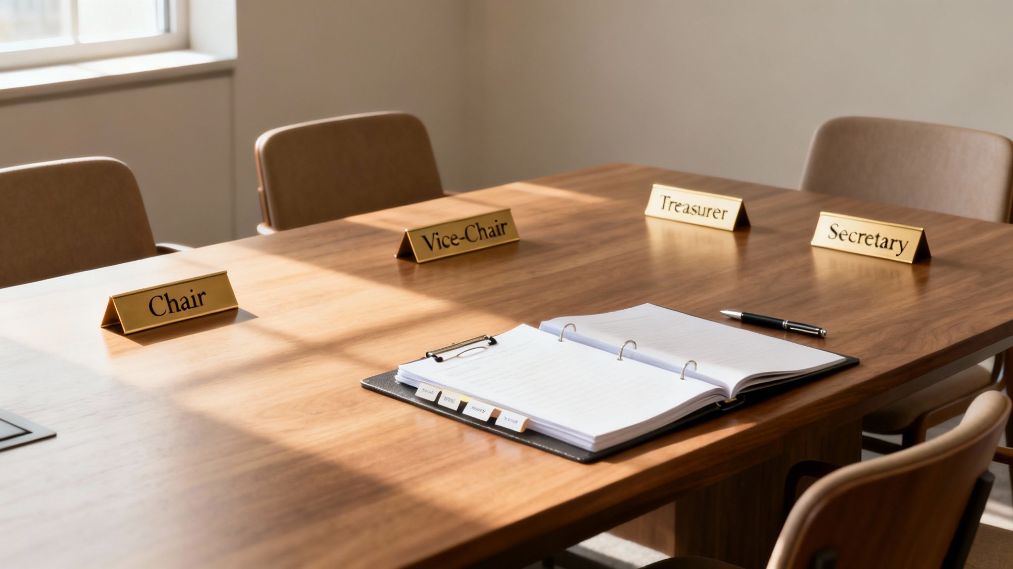 A boardroom table with nameplates for Chair, Vice-Chair, Treasurer, and Secretary, ready for a meeting.