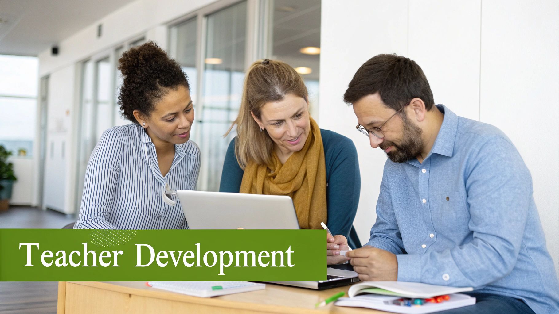 Three diverse educators collaborating on a laptop during a professional development session.