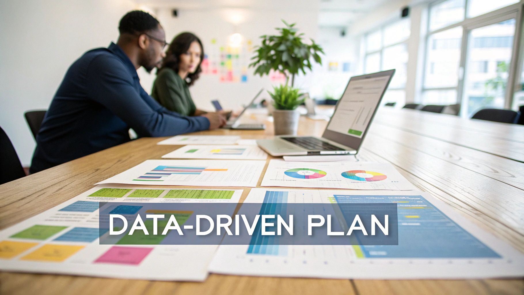 Business professionals reviewing colorful data charts and reports on conference table for strategic planning