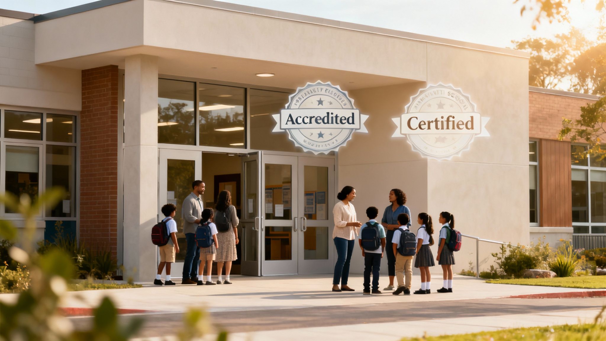 Diverse students and teachers stand outside an elementary school, highlighting 'Accredited' and 'Certified' seals.