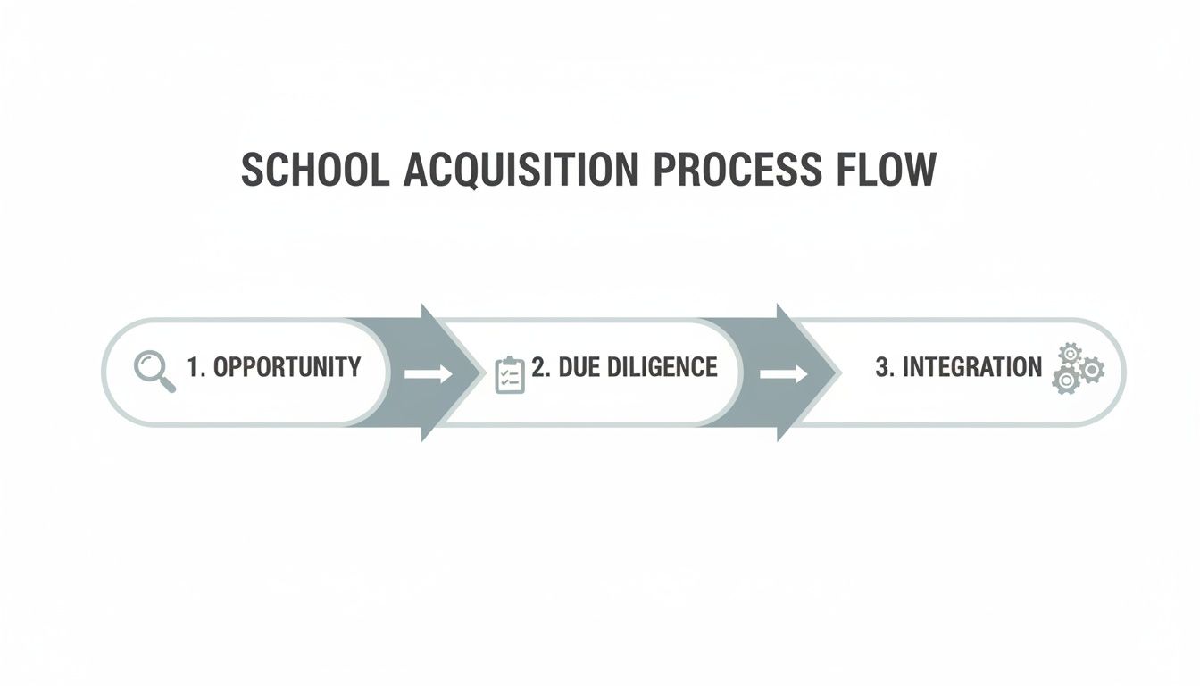 A visual flow chart outlines the three steps of the school acquisition process: Opportunity, Due Diligence, and Integration.