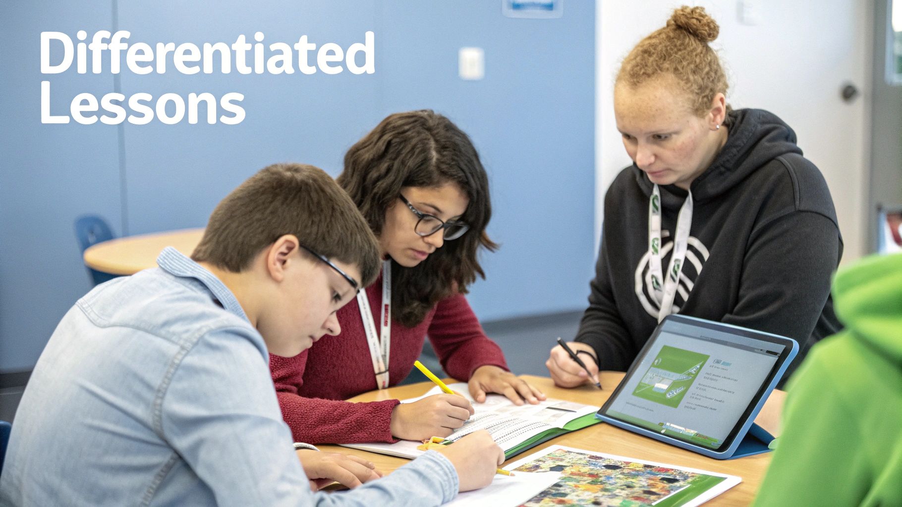 Students and an adult engaged in a small group lesson, writing and using a tablet.
