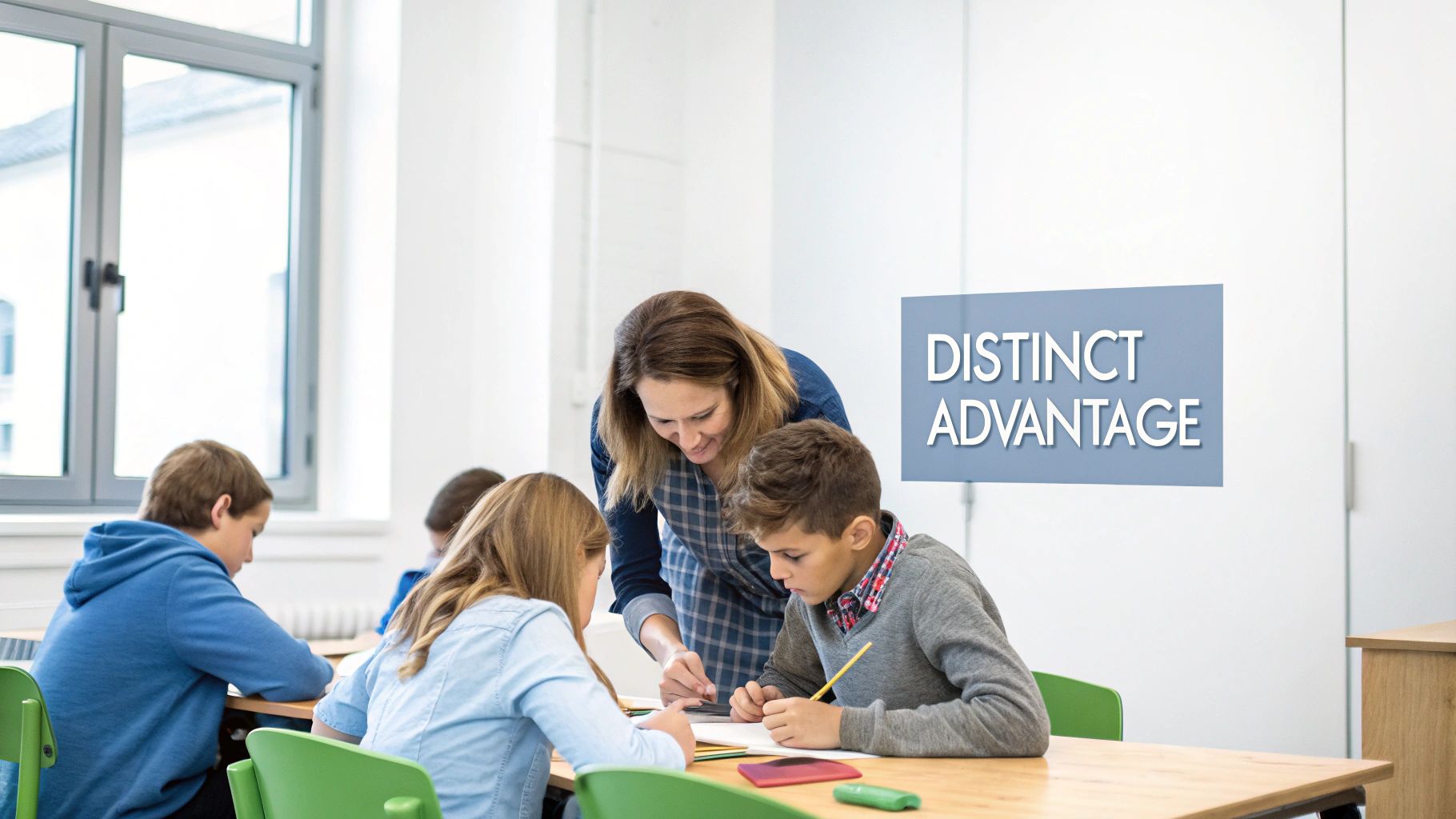 Teacher helping students in bright classroom with distinct advantage text on wall