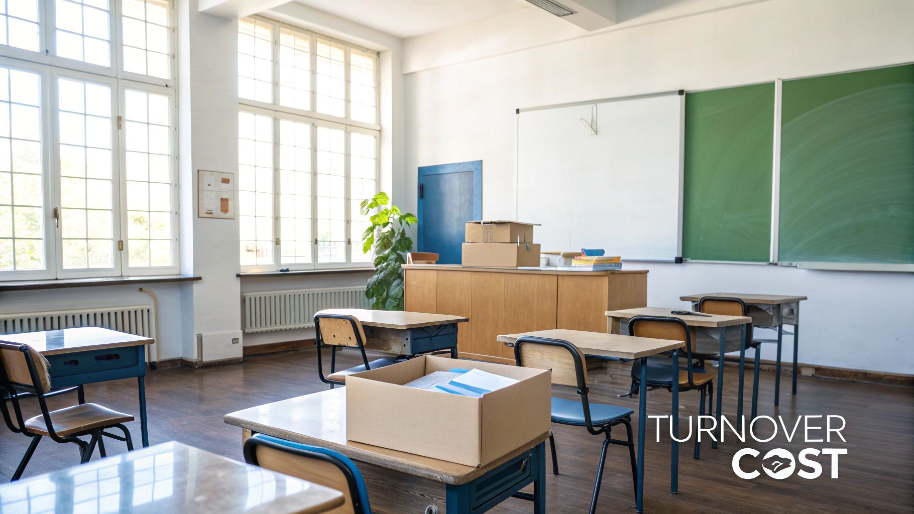 An empty classroom with desks, chairs, moving boxes on the teacher's desk and a chalkboard.