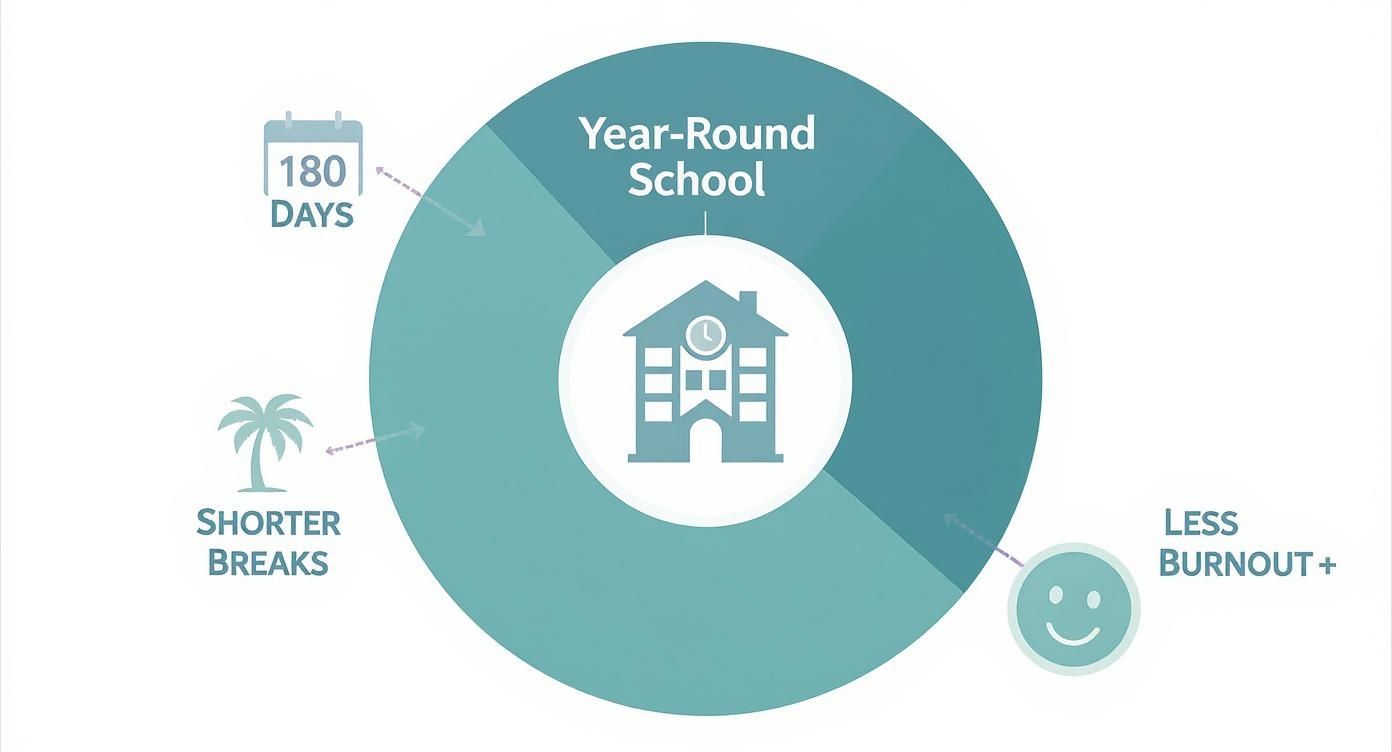 An infographic explaining year-round school, highlighting 180 days, shorter breaks, and less burnout.