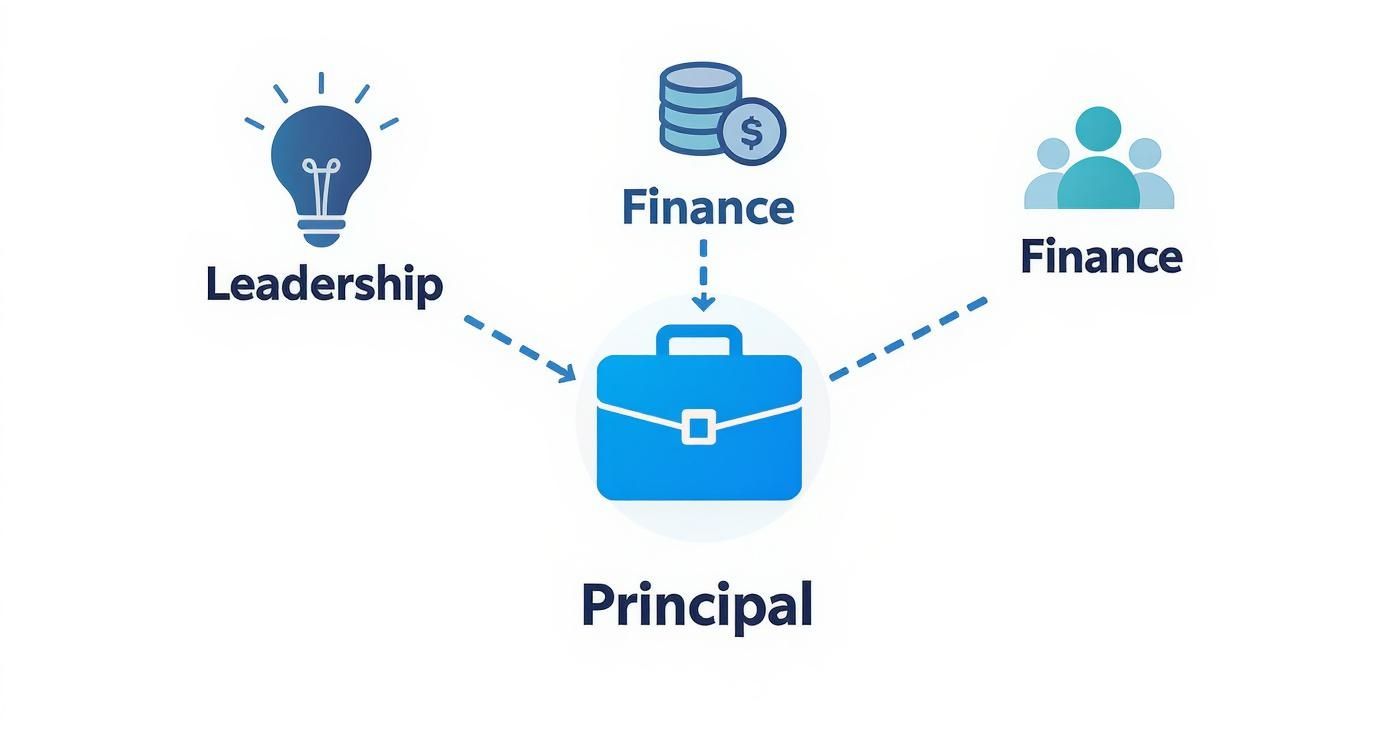 Diagram showing a Principal's core responsibilities: Leadership, financial management, and team finance.