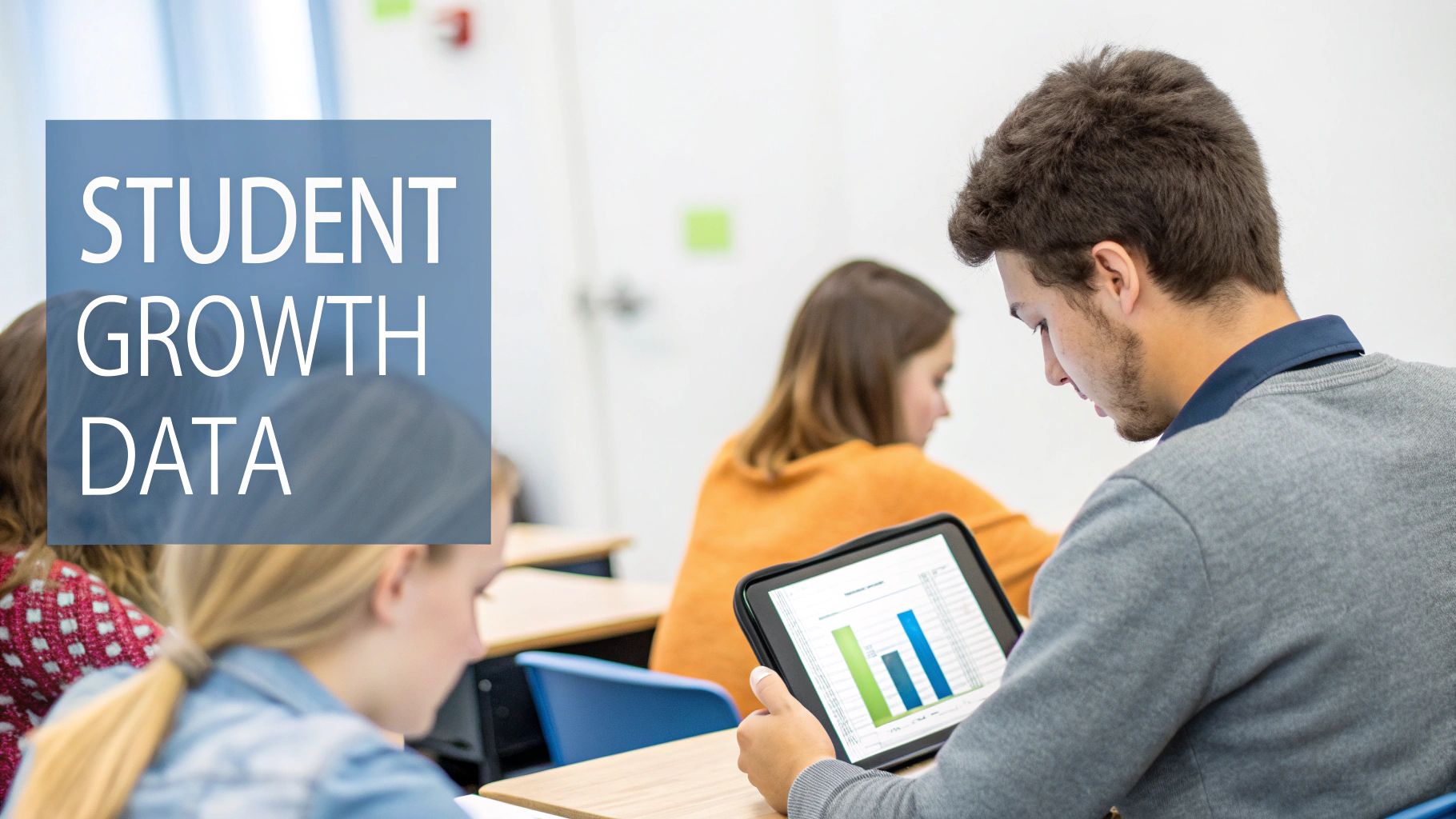 Students in a bright classroom, one student analyzing student growth data on a tablet with bar charts.