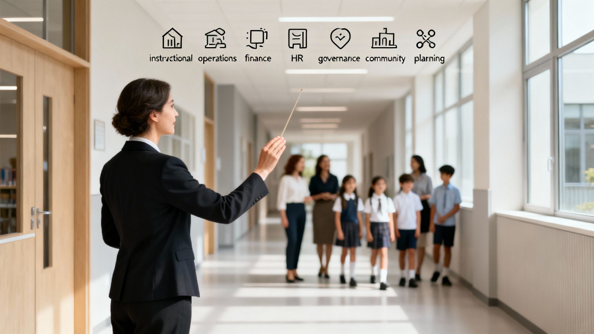 A principal points at school management icons: instructional, operations, finance, HR, governance, community, planning.