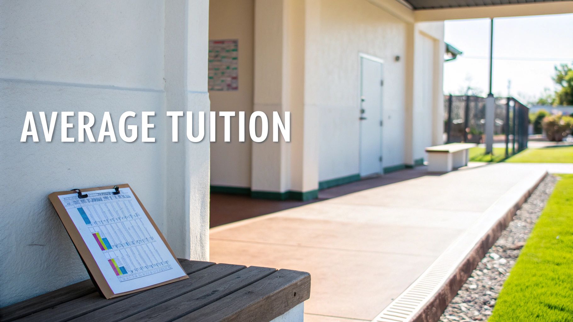 A clipboard displays a bar graph on average tuition, placed on a wooden bench outdoors.