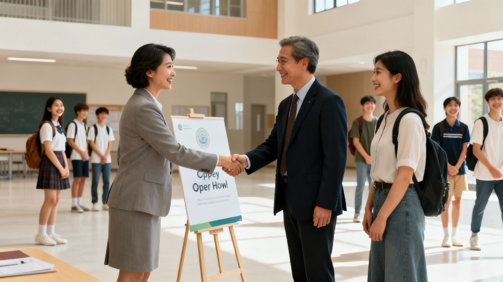 A smiling woman and man shake hands at a school event, with students watching nearby.