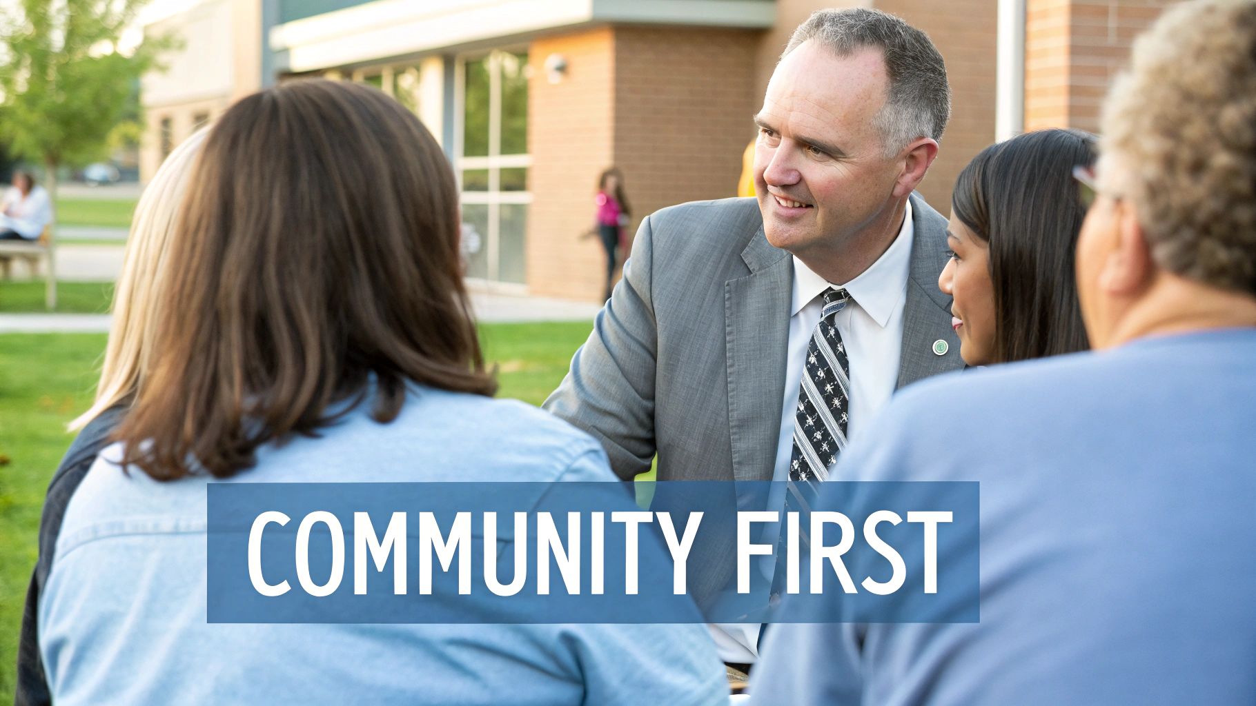 A man in a suit smiles while conversing with a diverse group of people outdoors, with 'COMMUNITY FIRST' text overlay.