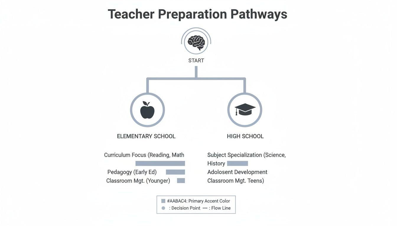 A flowchart illustrating teacher preparation pathways for elementary and high school, detailing curriculum and management focus areas.