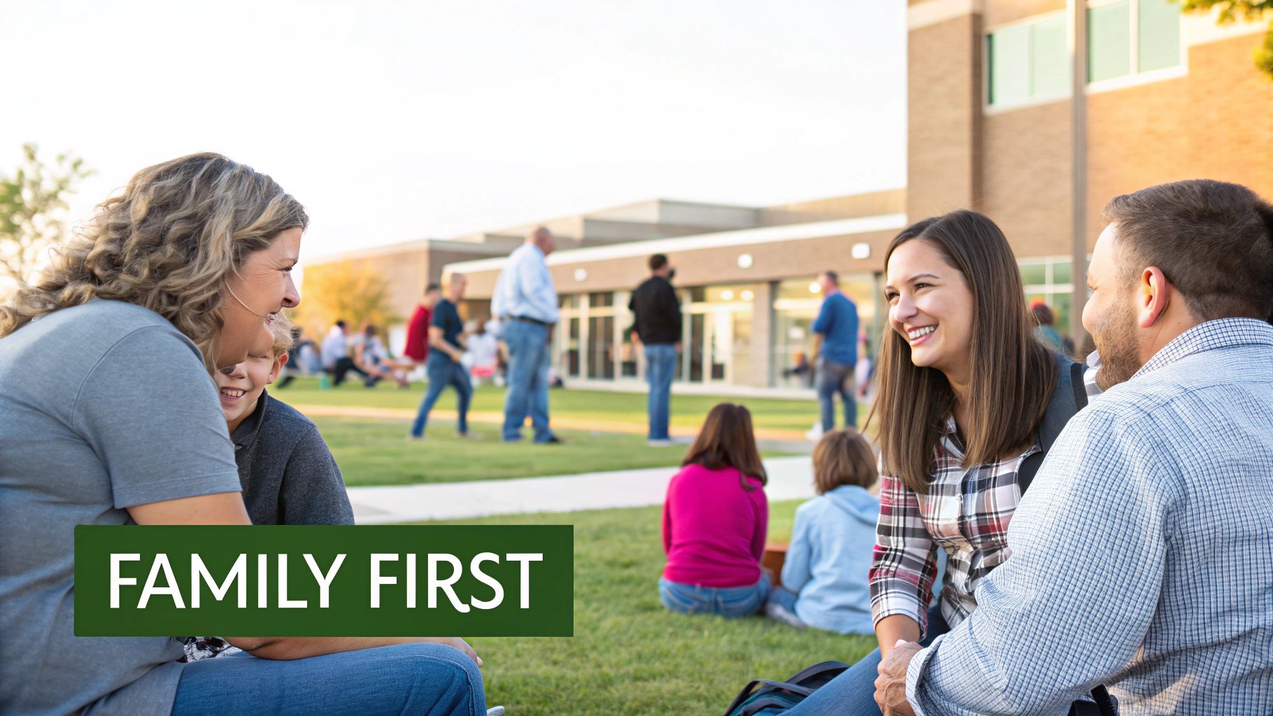 Families gathering at school campus outdoor event promoting community engagement and student enrollment