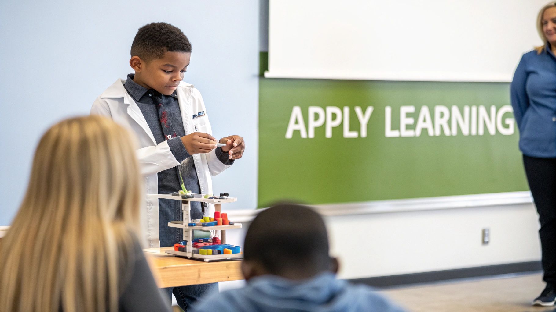 A young boy in a lab coat demonstrates a hands-on science experiment for classmates.