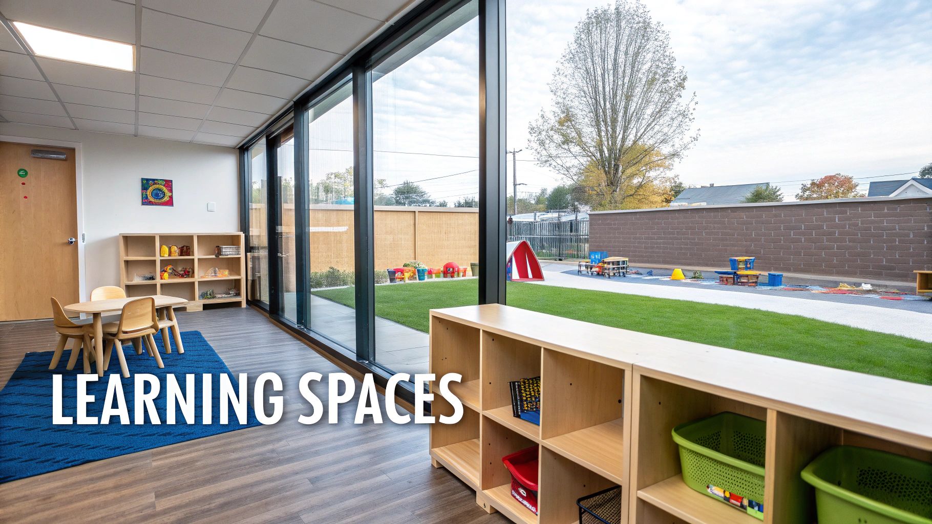 A diverse group of cheerful preschool teachers standing together in a brightly lit classroom, ready to welcome students.