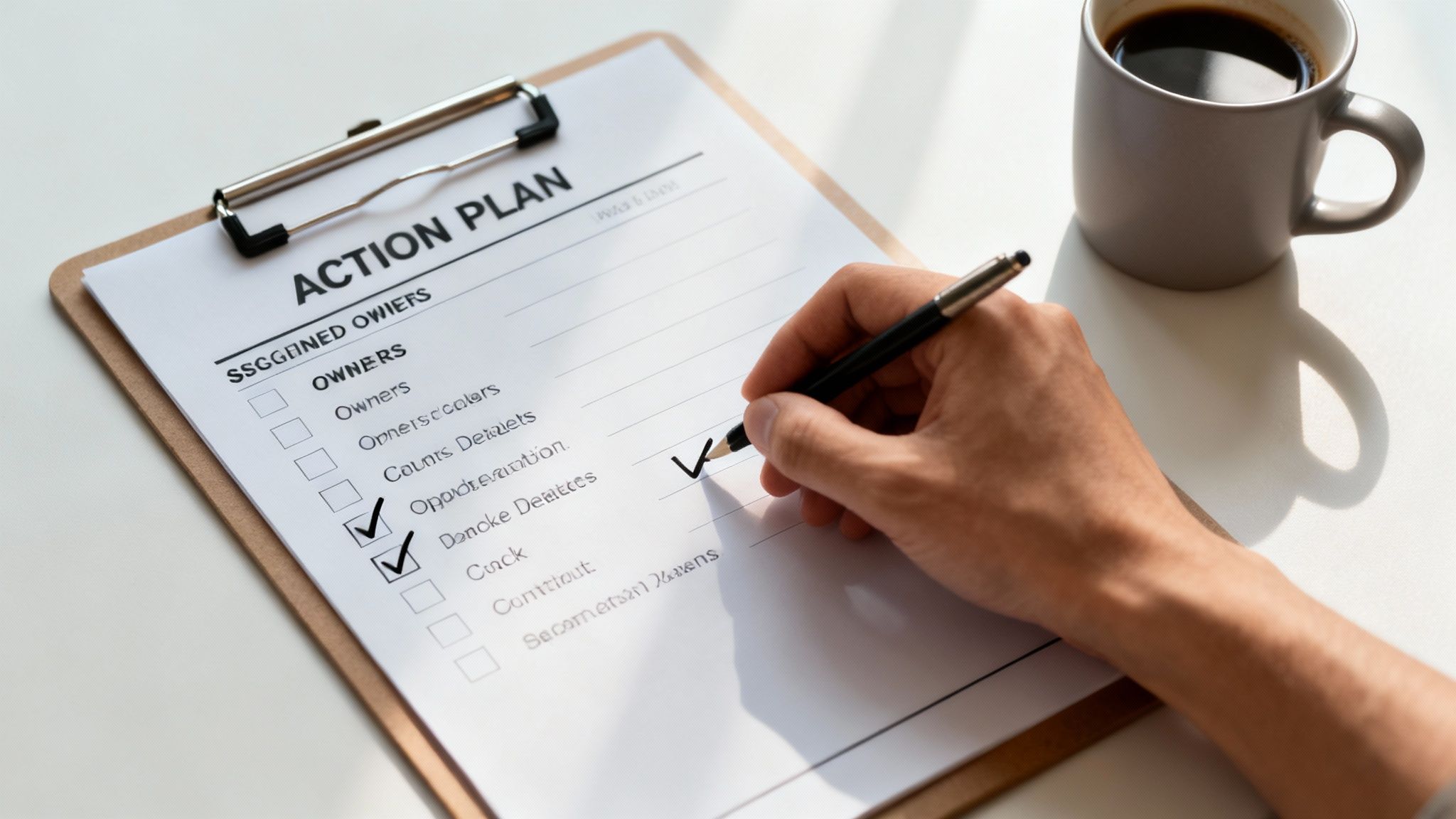 Person checking off action plan items on clipboard with coffee cup nearby on desk