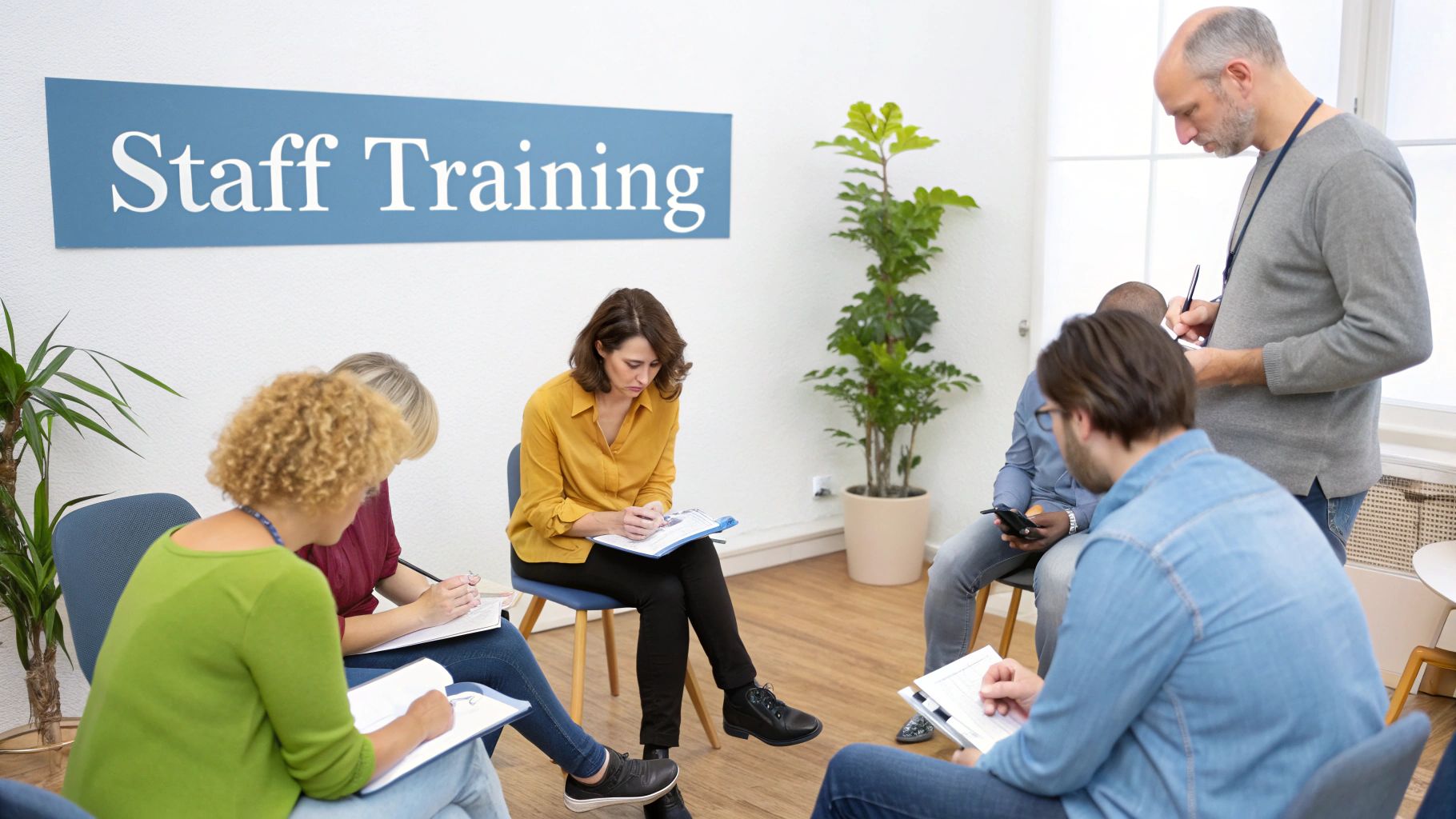 Diverse staff members participate in a training session, taking notes and engaging in discussion.