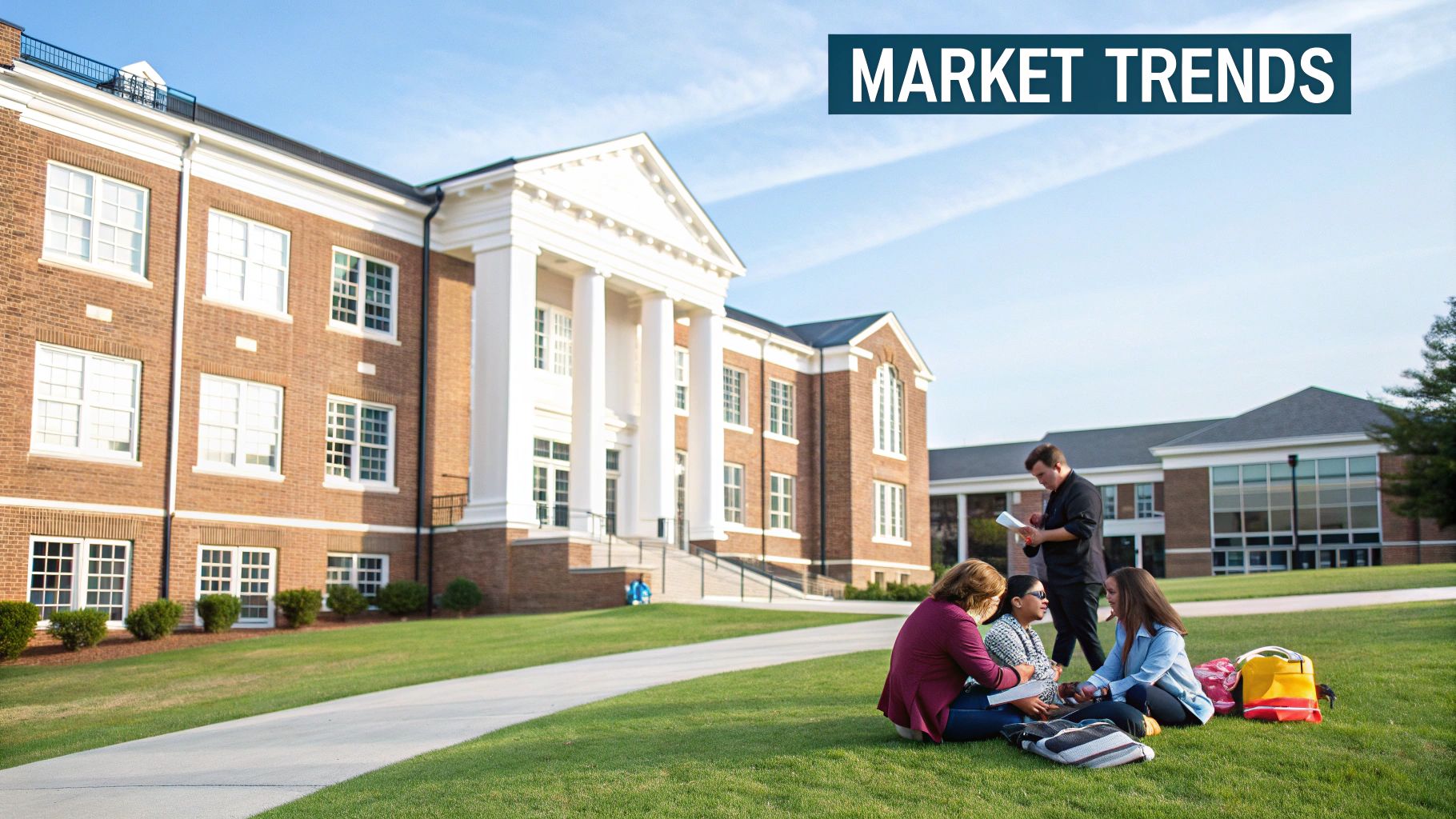 Students collaborate on a sunny campus lawn in front of a classic brick school building.
