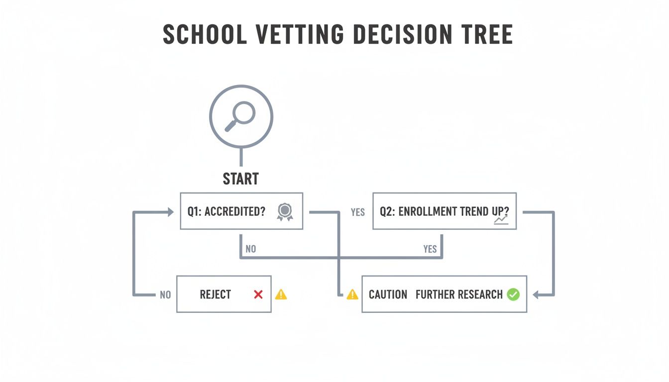 A school vetting decision tree illustrating steps from accreditation to enrollment trends.