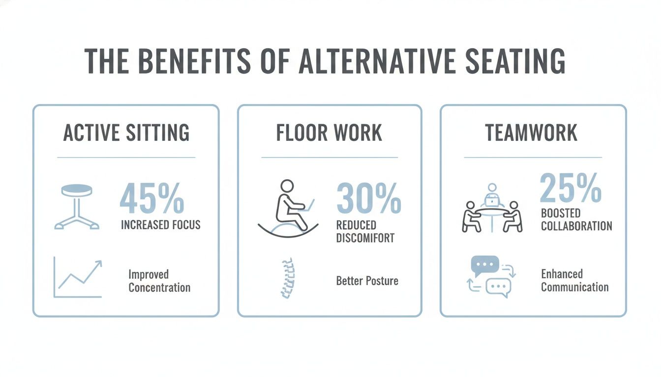 Infographic showing benefits of alternative seating styles like active sitting, floor work, and teamwork with specific advantages listed.
