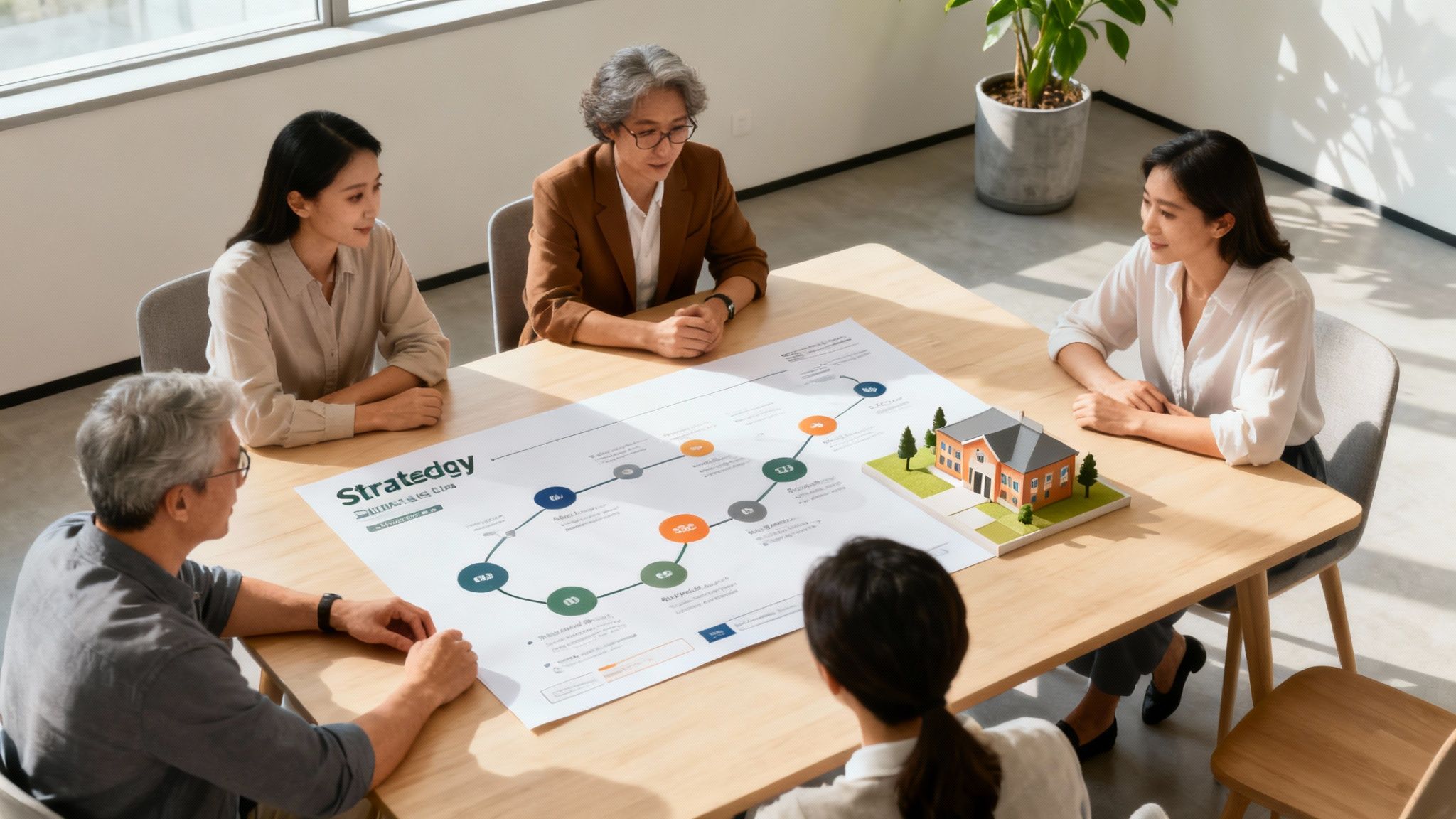 Professionals gathered around a table, reviewing a strategy roadmap and a miniature house model.