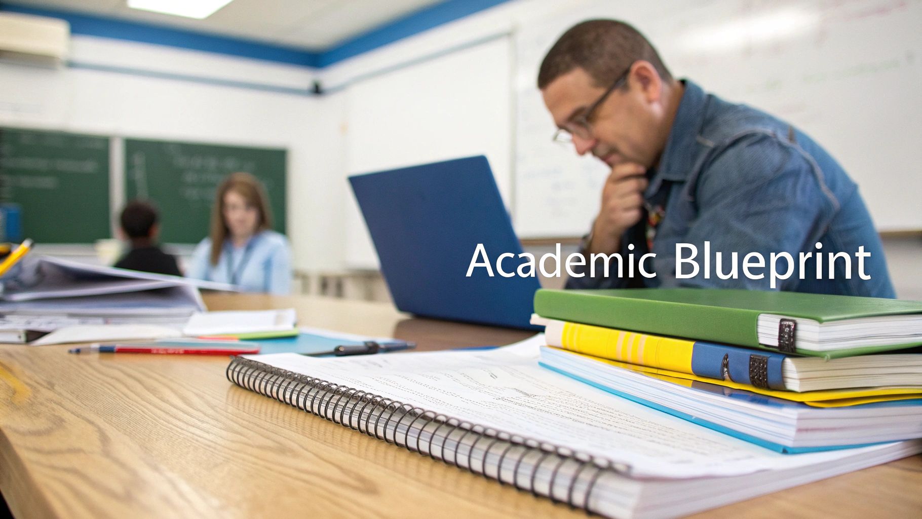 A student works on a laptop in a classroom, surrounded by academic materials and other students.
