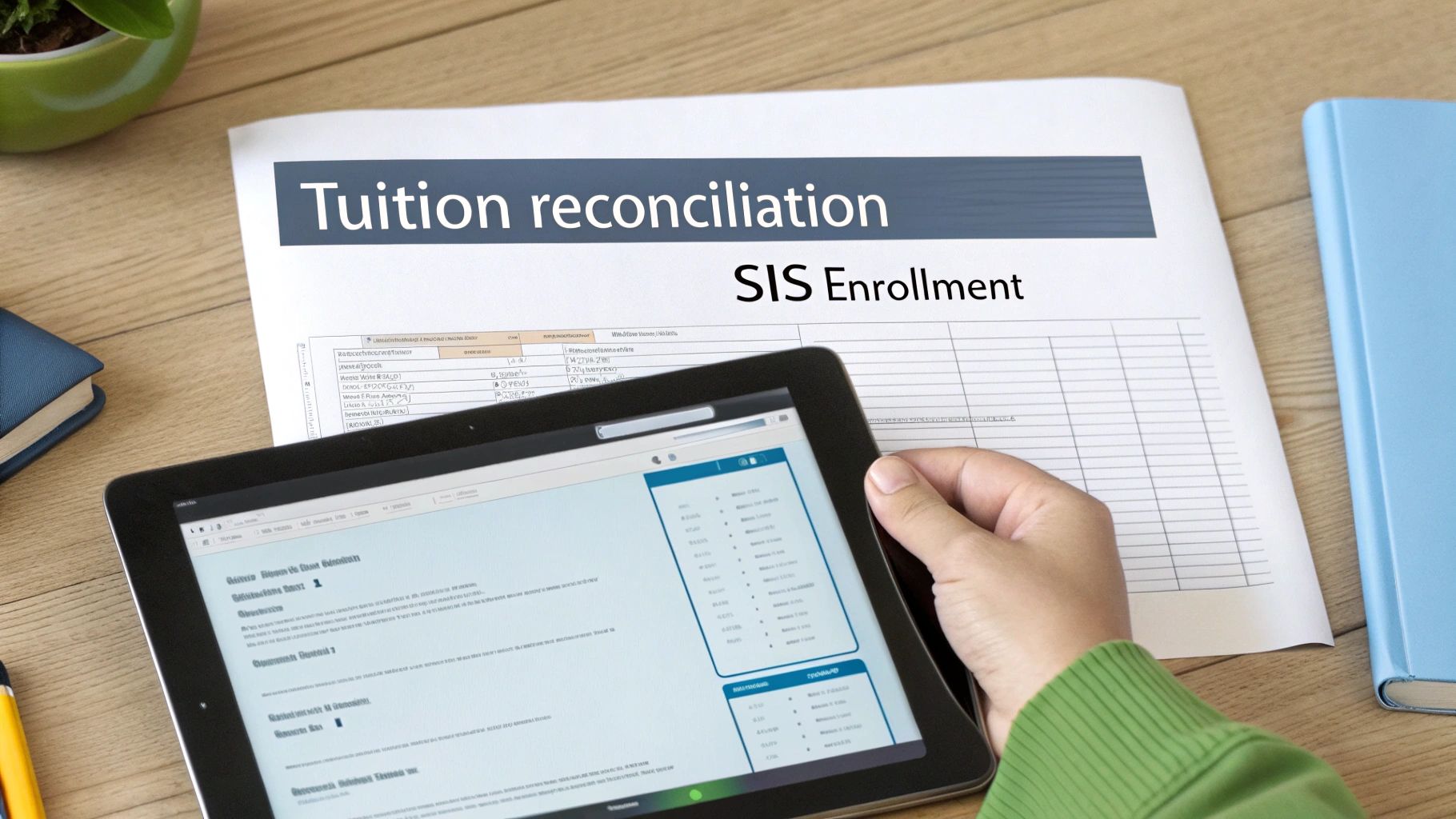 A hand holds a tablet displaying a financial interface next to a tuition reconciliation document.