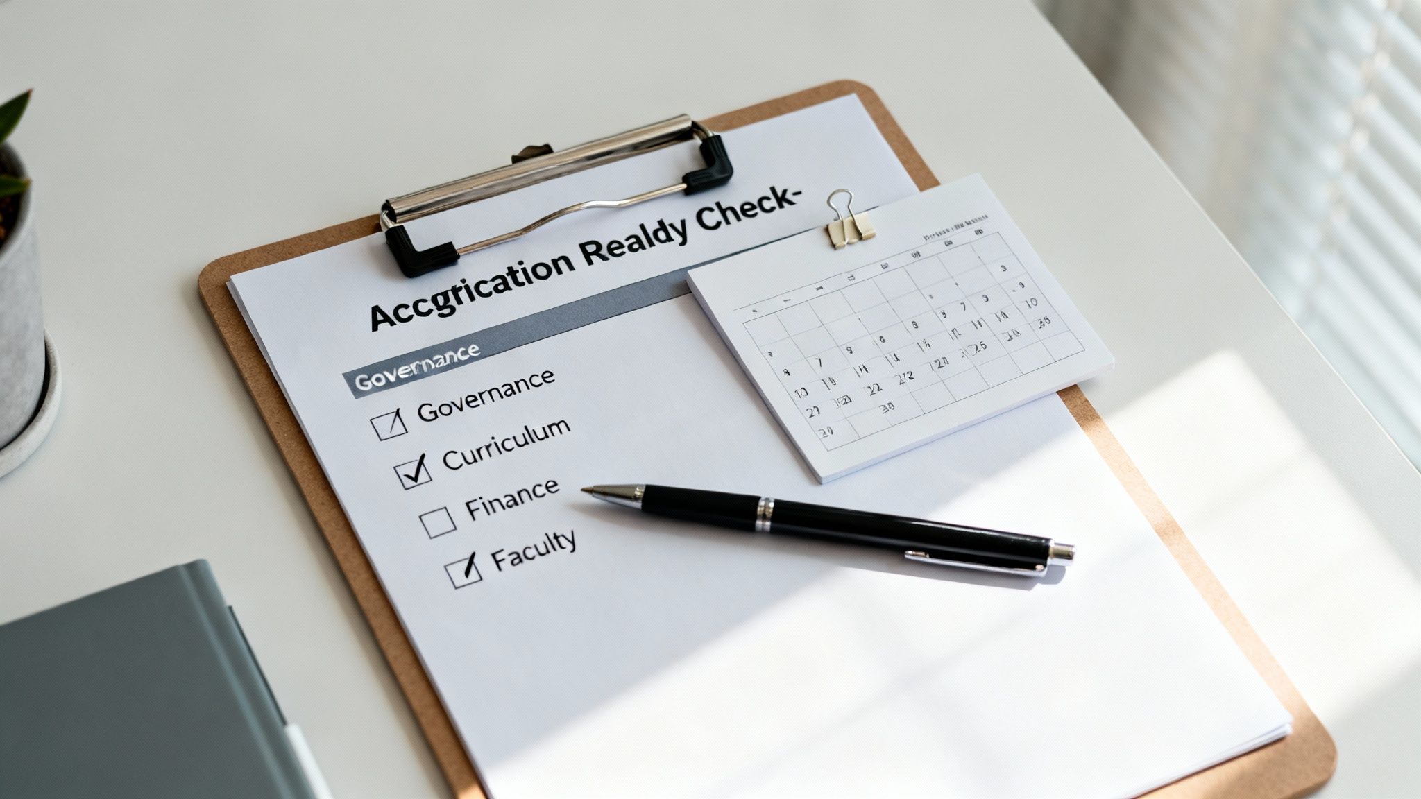 Overhead view of an 'Accreditation Ready Check-' list on a clipboard with checked items like Governance and Curriculum.