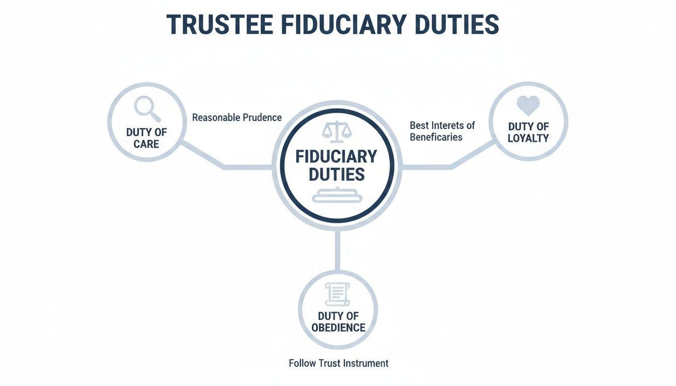 Diagram illustrating trustee fiduciary duties: duty of care, loyalty, and obedience with descriptions.
