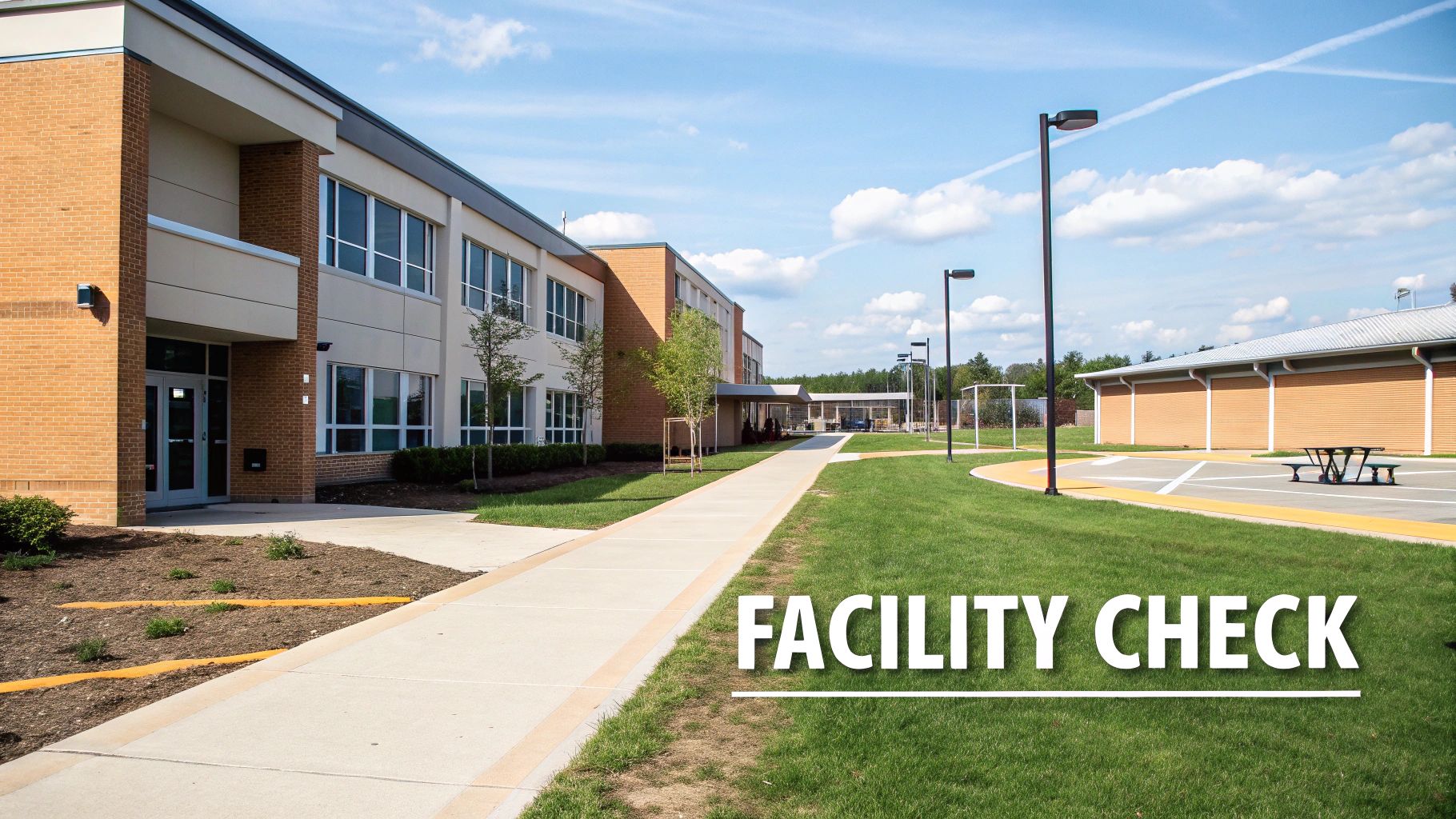 A bright, modern school building with a walkway, green fields, and outdoor sports facilities on a sunny day.
