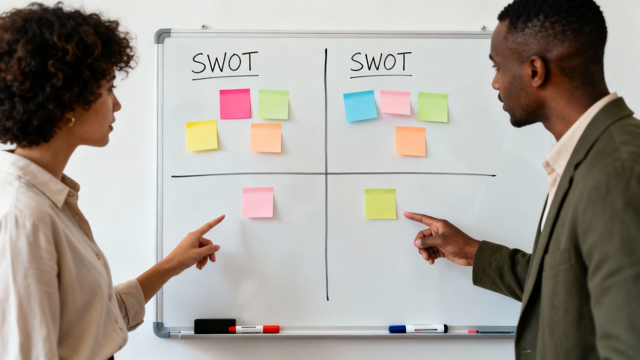 Two diverse professionals collaborate on a whiteboard, conducting a SWOT analysis with colorful sticky notes.