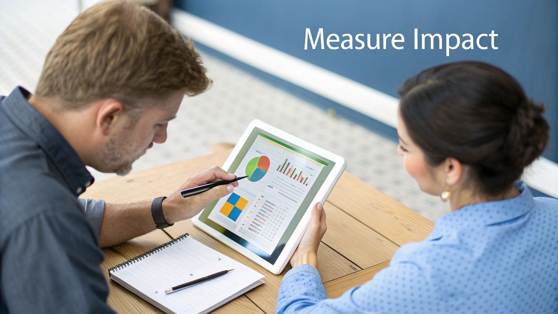 Two professionals reviewing data and charts on a tablet, discussing impact measurement.