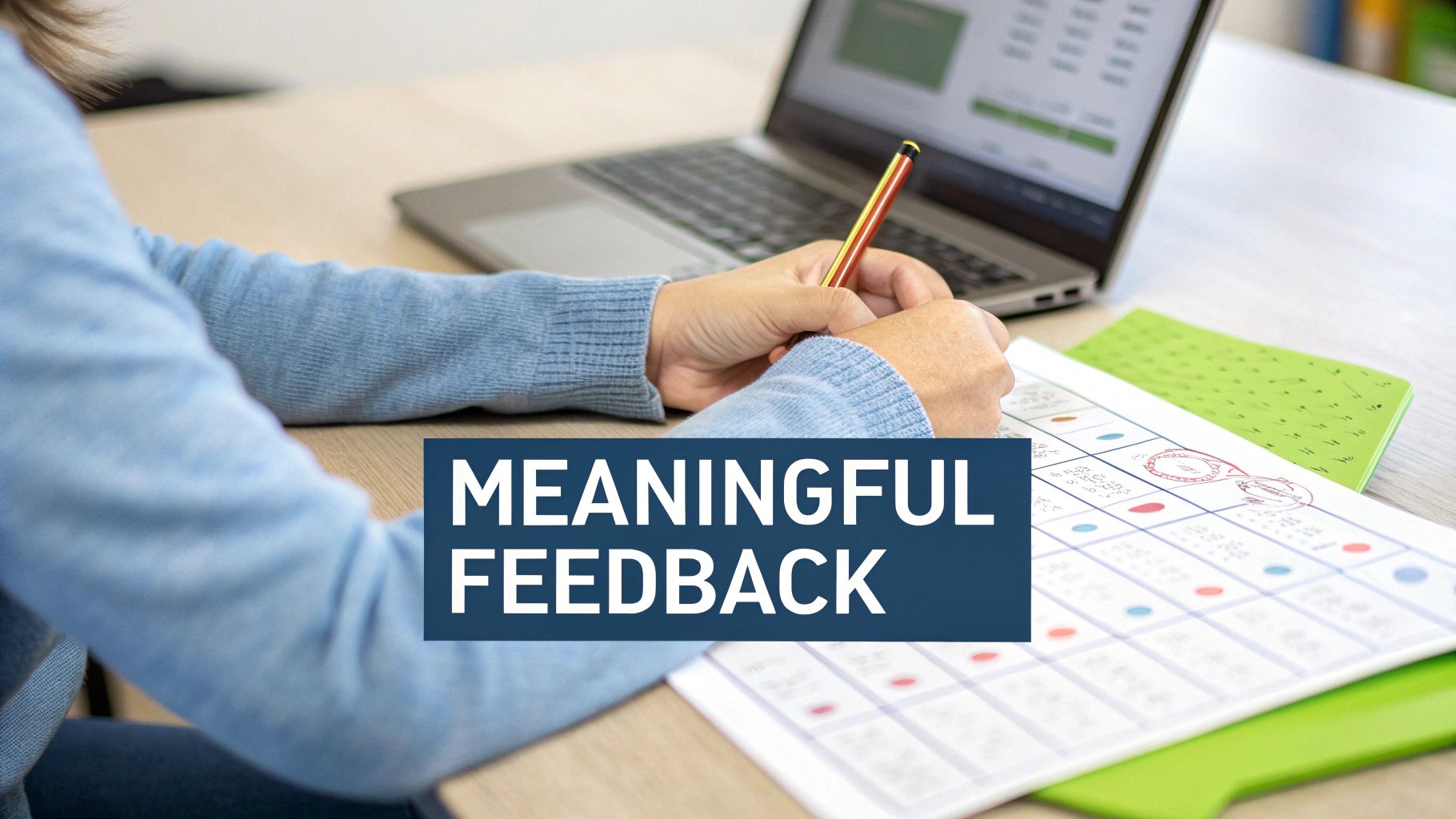 Hands writing on a feedback document with a pen, laptop in background, representing meaningful assessment.