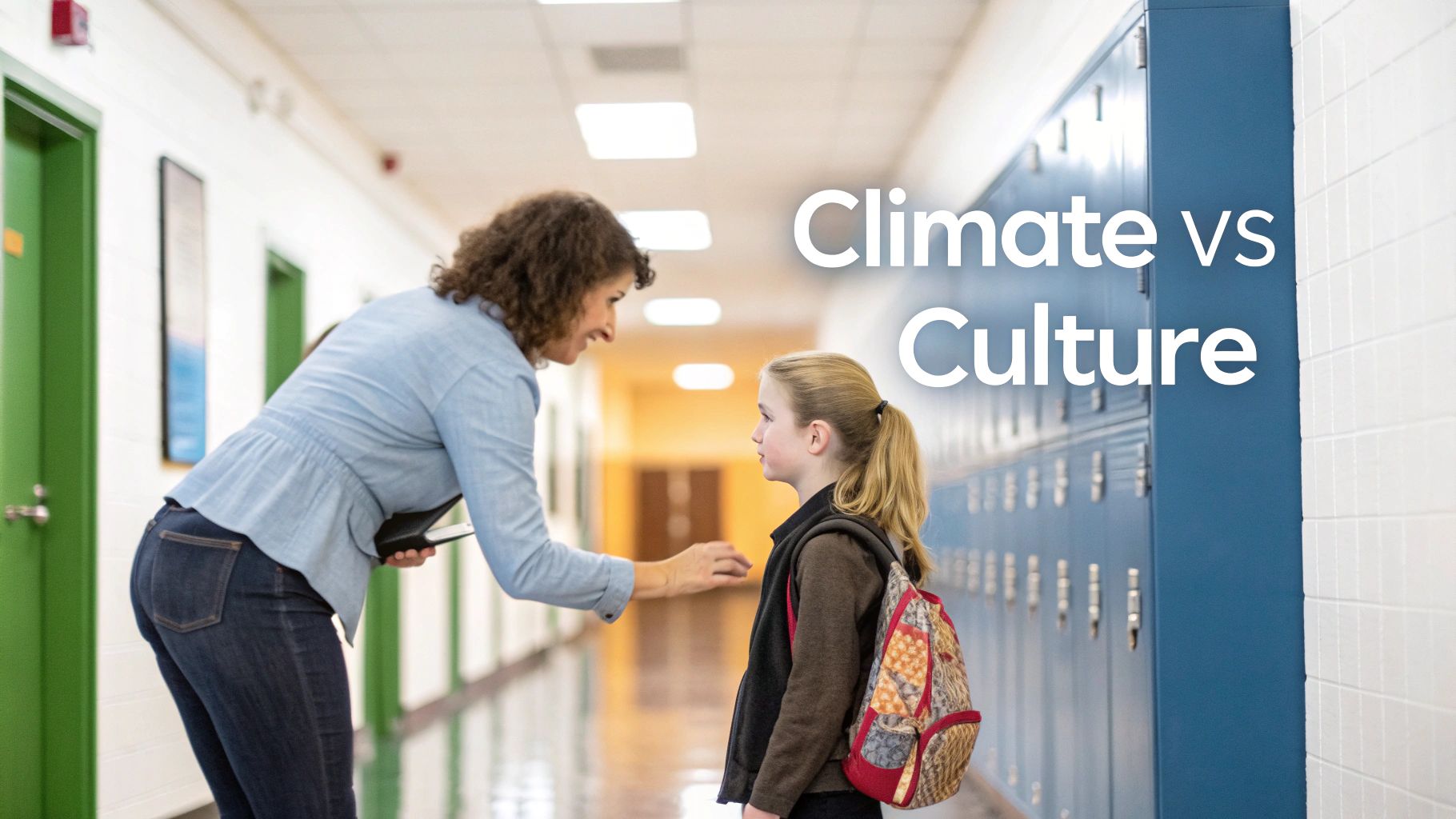 A smiling teacher talks to a young student with a backpack in a school hallway.