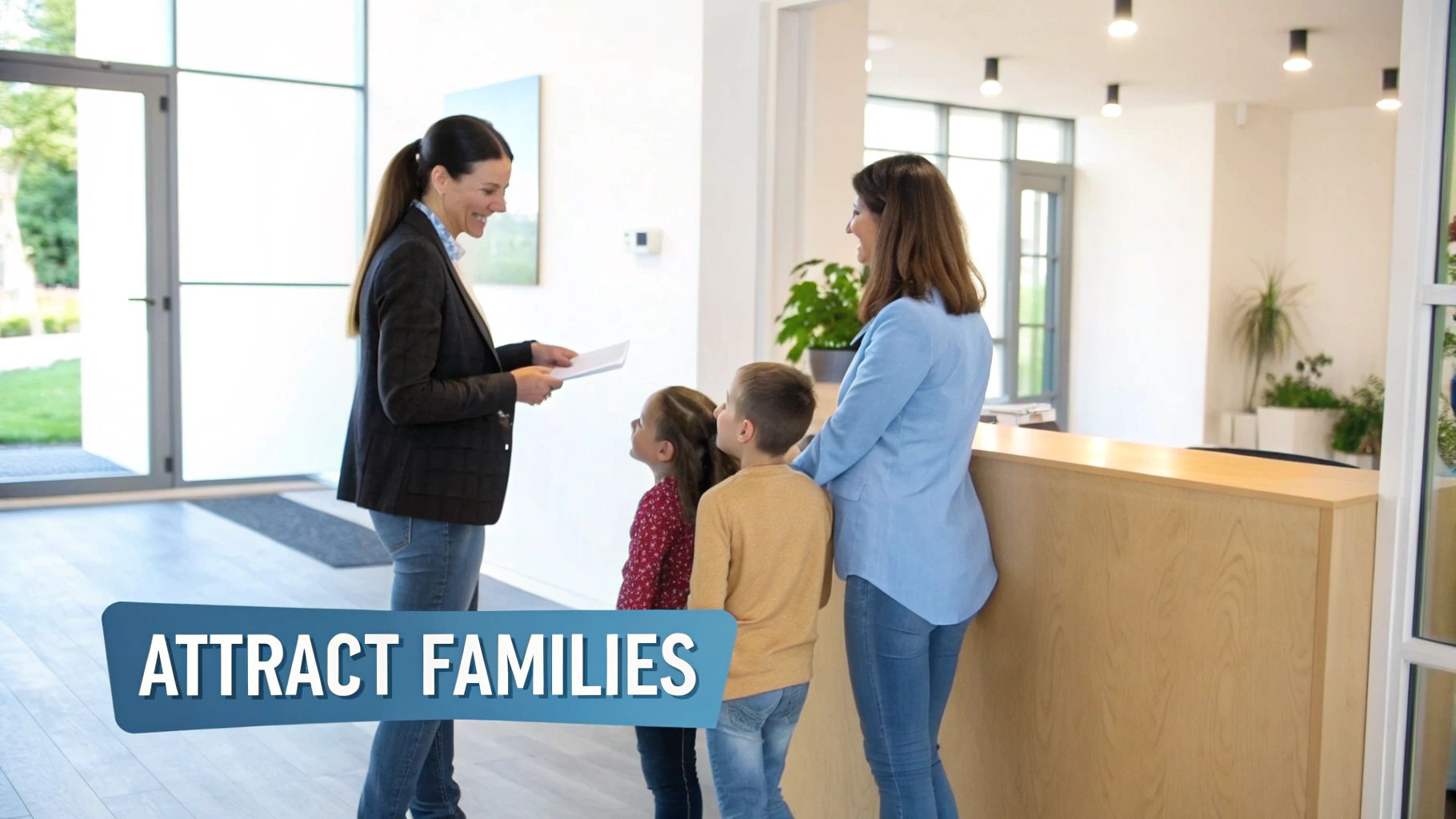 Two adults and a child smiling as they tour a bright, welcoming private school classroom, representing successful family attraction.