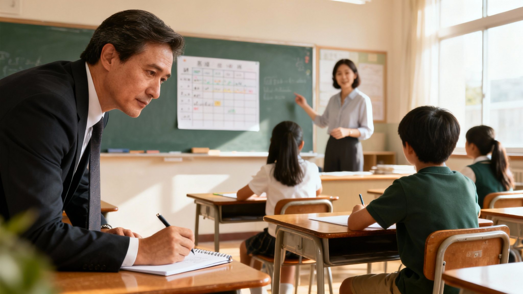 An Asian male principal leans over a student's desk, writing, as a female teacher teaches.