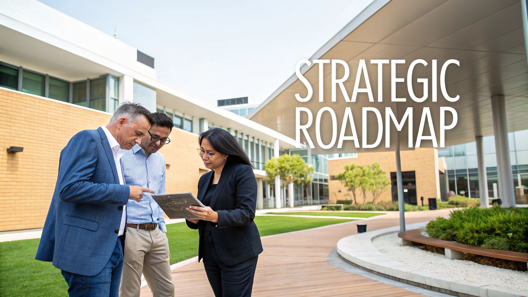 Three business professionals reviewing strategic roadmap document outside modern office building campus