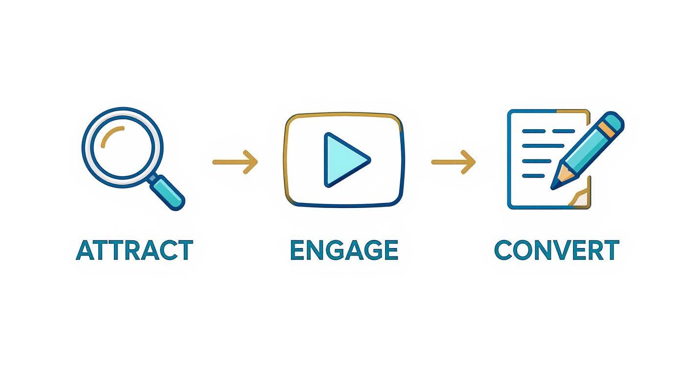 Marketing funnel showing three stages: attract with magnifying glass, engage with play button, convert with notepad