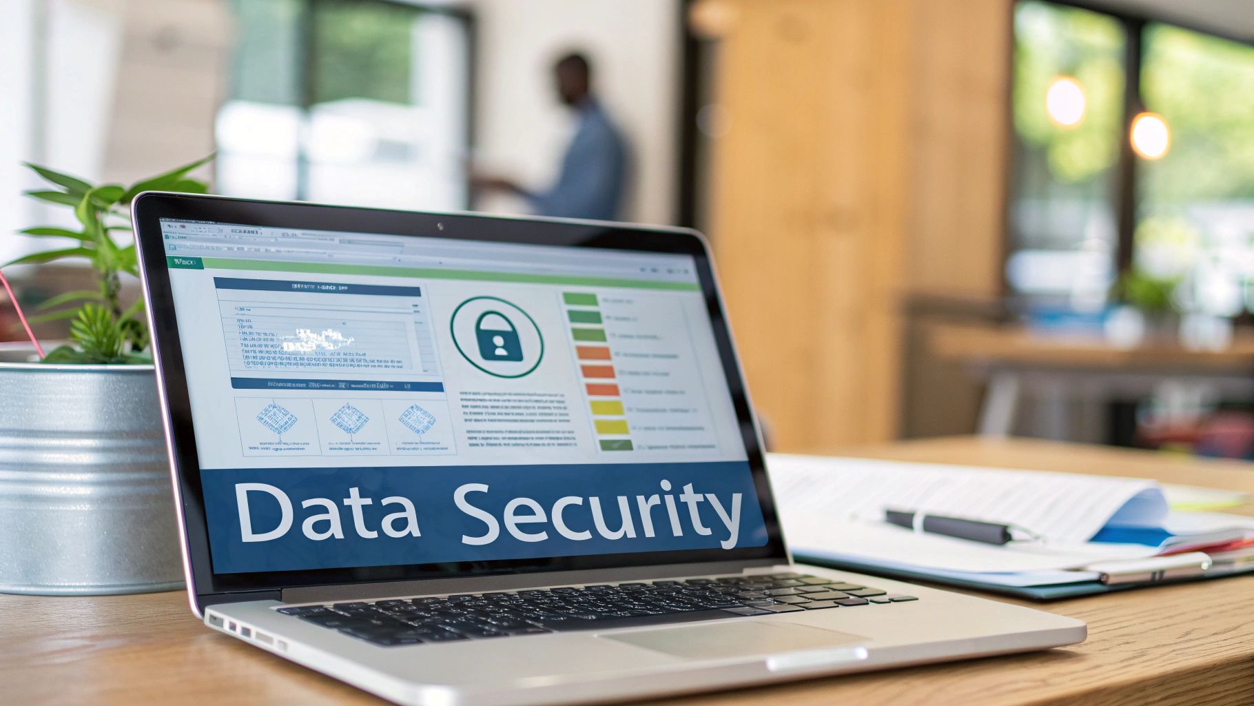 A laptop on a wooden desk displays 'Data Security' with a padlock icon, surrounded by office items.