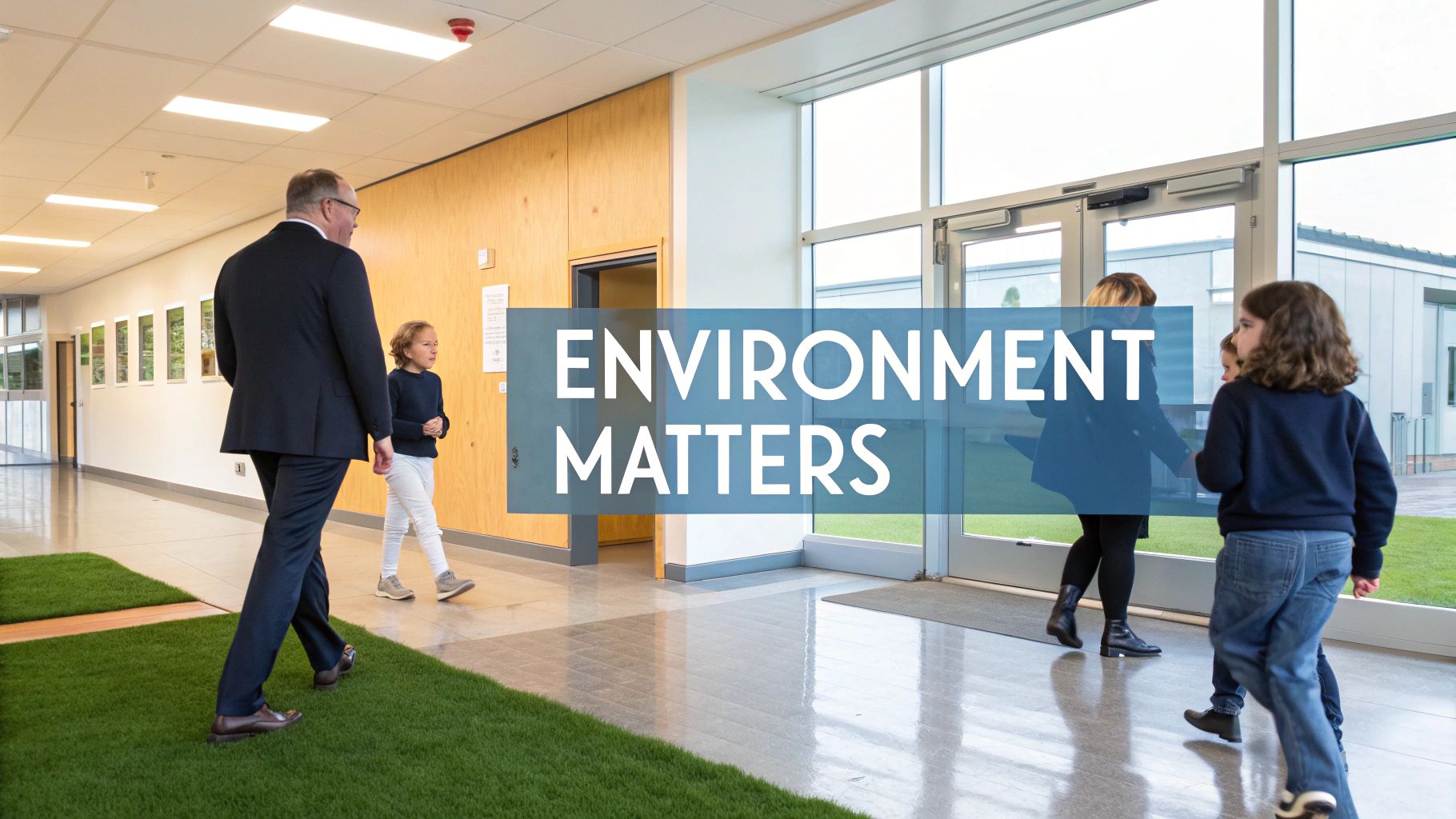 Adults and children walk in a bright, modern school building with indoor grass and large windows.