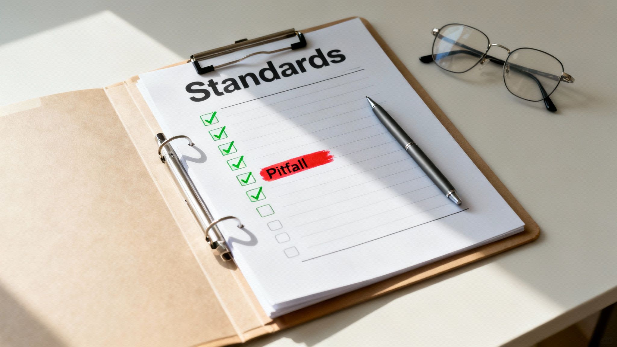 A 'Standards' checklist on a clipboard with green checkmarks and 'Pitfall' highlighted, next to a pen and glasses.