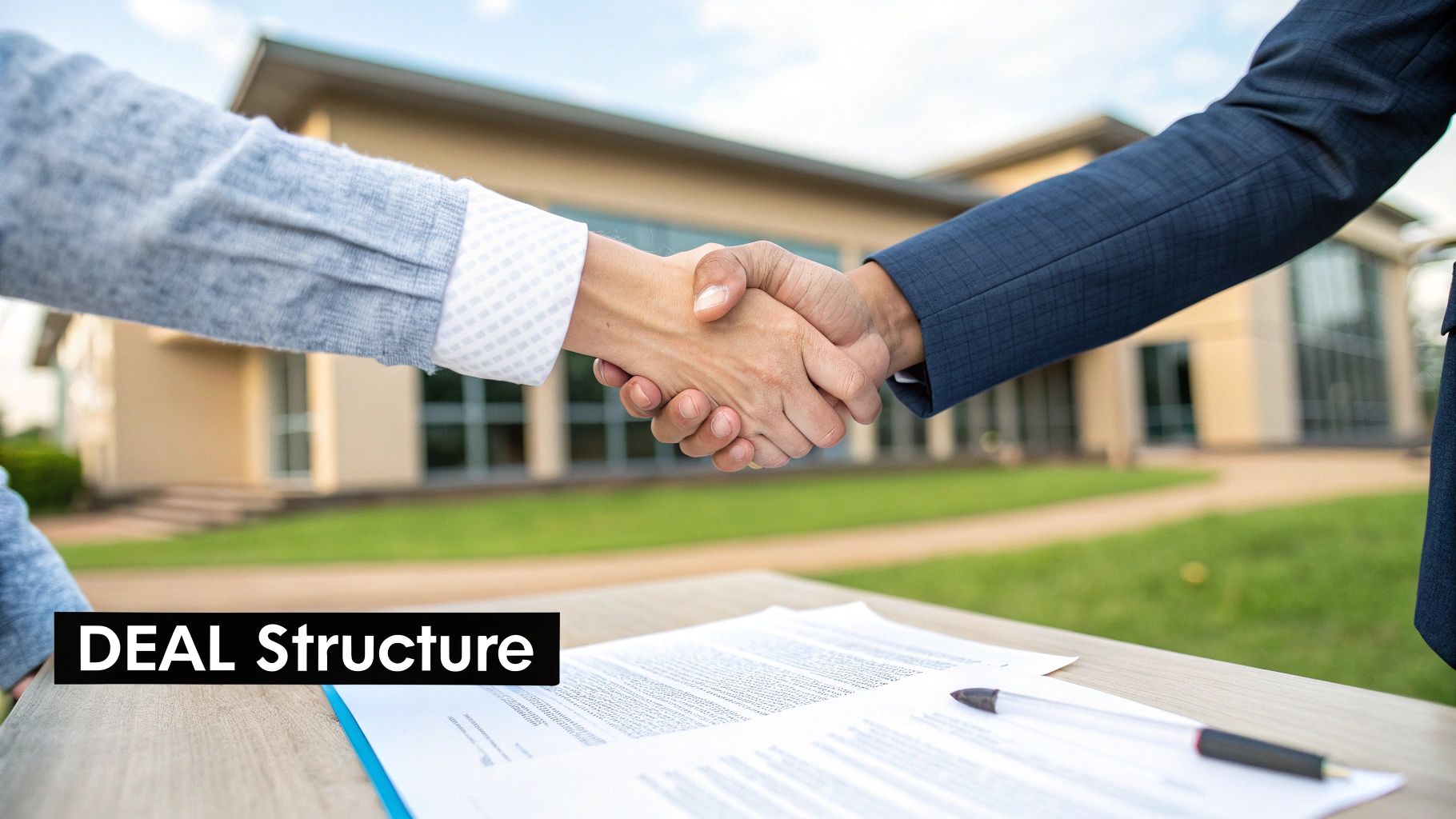Two people shaking hands over a table with documents and a pen, symbolizing a business deal.
