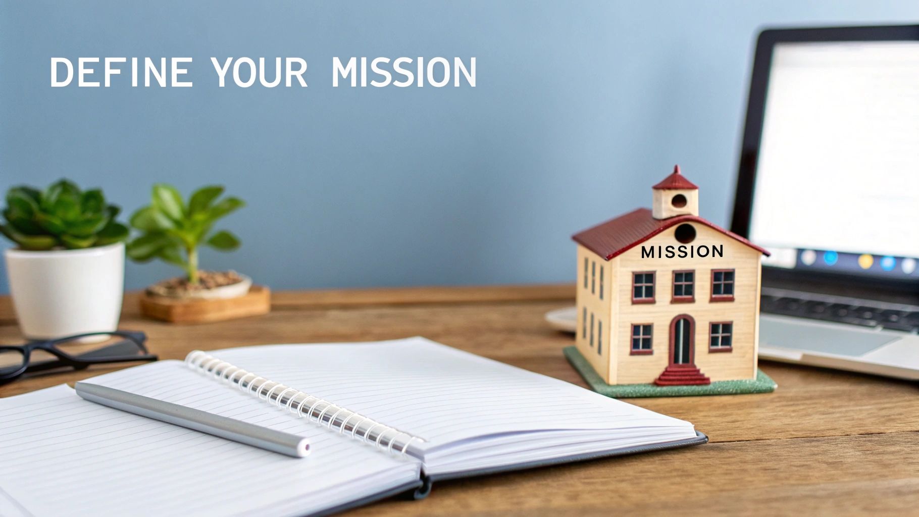 Mission building model on desk with notebook and laptop symbolizing organizational planning