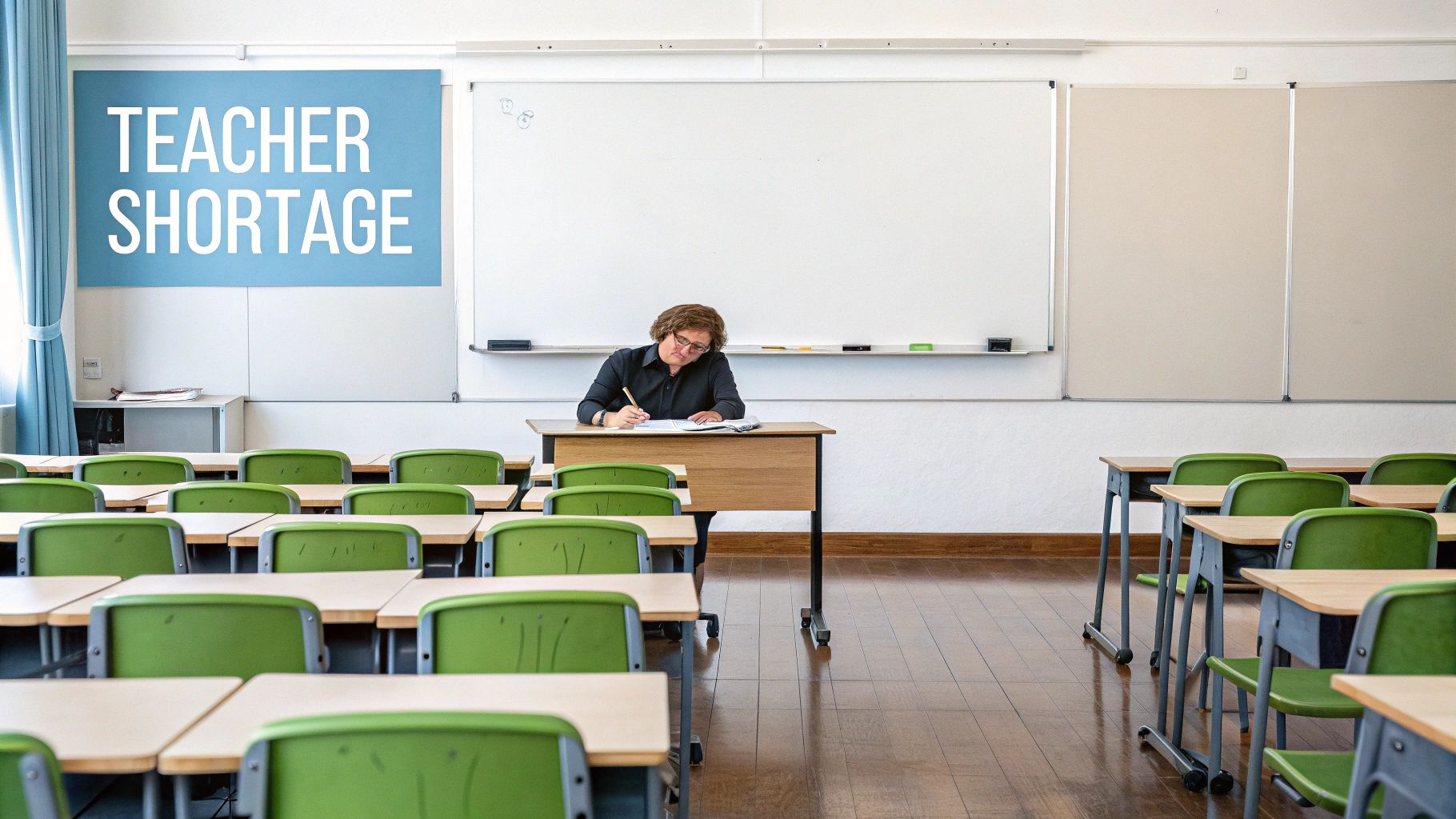 An empty classroom with a teacher working alone, highlighting the teacher shortage.