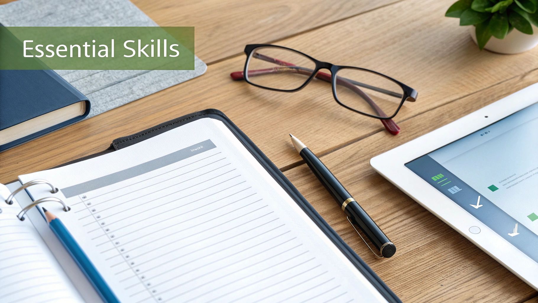 A desk workspace featuring an open notebook, pen, glasses, tablet, and 'Essential Skills' text overlay.