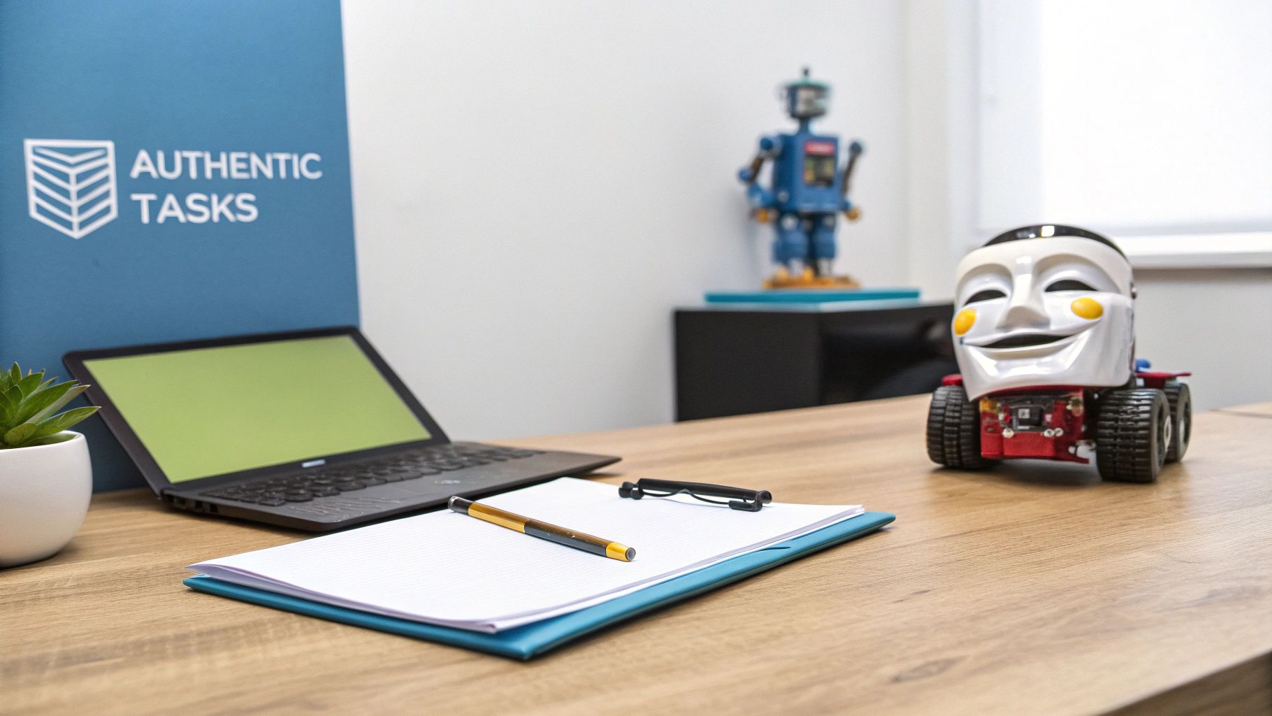 A modern office desk with a laptop, notebook, pen, plant, and two robot figurines.