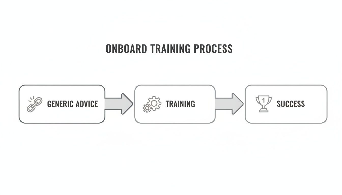 Flowchart showing an onboard training process from generic advice to training, leading to success.