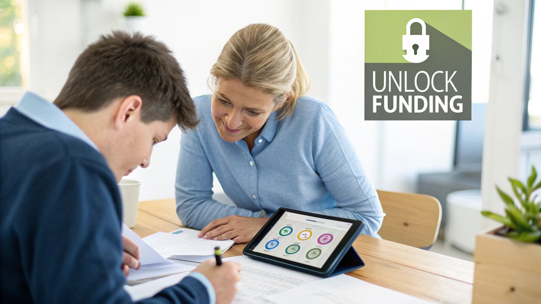 A woman and a young man work together at a table, reviewing documents and a tablet displaying financial icons, with an overlay showing "UNLOCK FUNDING".